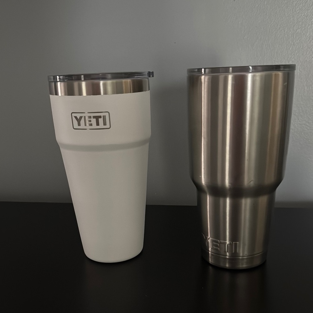 YETI Stainless Steel and White Tumblers